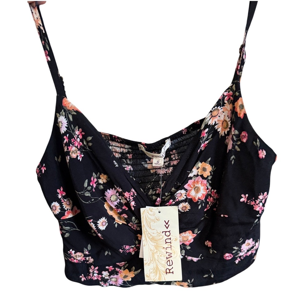 Rewind Womens Babydoll Black Floral Twist Front Smocked Back Crop Top S NWT Twee